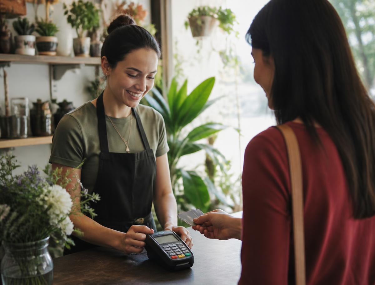 Florist taking a customer's card payment on a countertop terminal