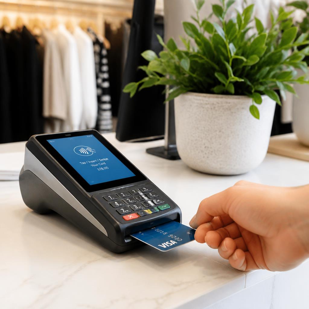 Hand inserting a credit card into a modern payment terminal on a retail counter